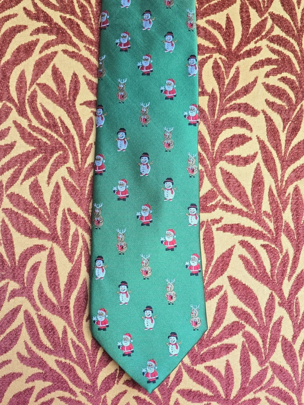 Men's Green Holiday Tie with Santa & Snowman Motif